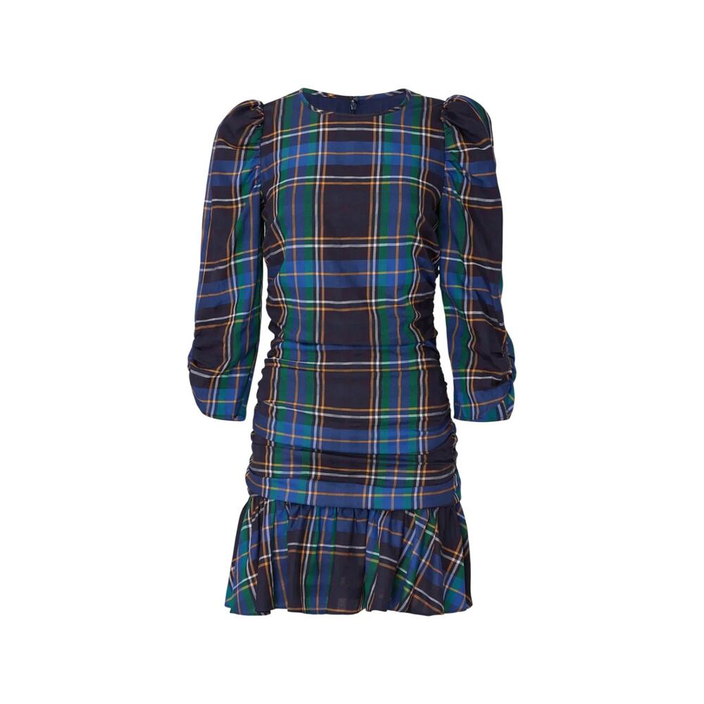 Tanya Taylor Raven Tartan Mini Dress Women’s 8 Ruched Preppy Blue Green Cotton